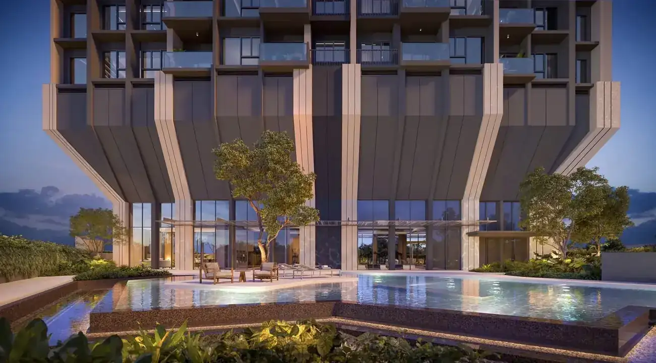The Serra Residences amenity deck at sunset