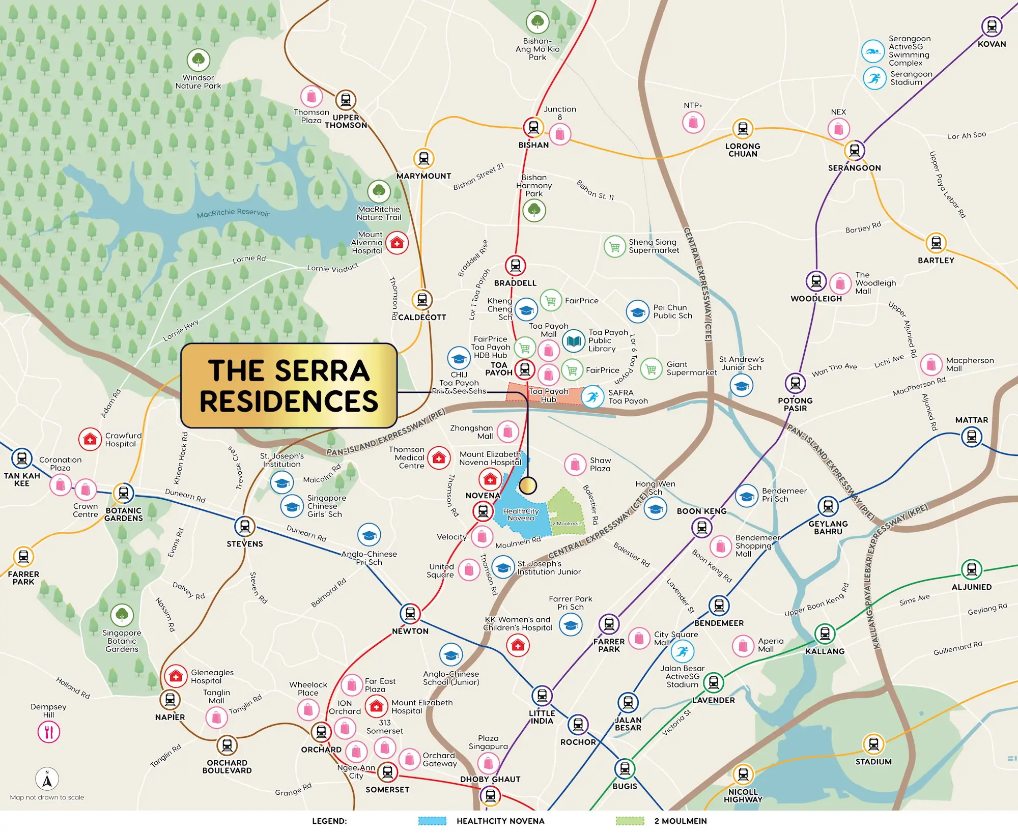 Location map showing The Serra Residences in Novena, District 11, with nearby MRT stations, schools, hospitals, shopping malls and parks across Toa Payoh, Newton and Orchard
