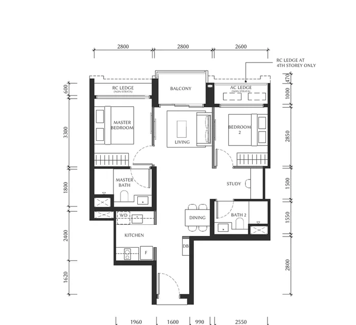 Type B1 2-Bedroom + Study floor plan preview