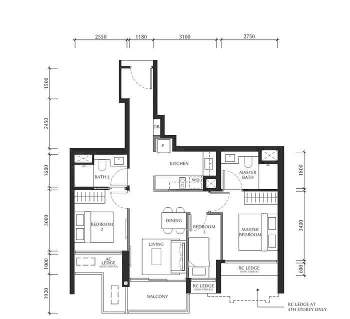 Type C1 3-Bedroom floor plan preview